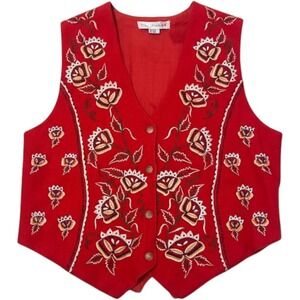Chrysantheme Floral Embroidered Wool Vest Medium Boho Button Front Cottage Indie